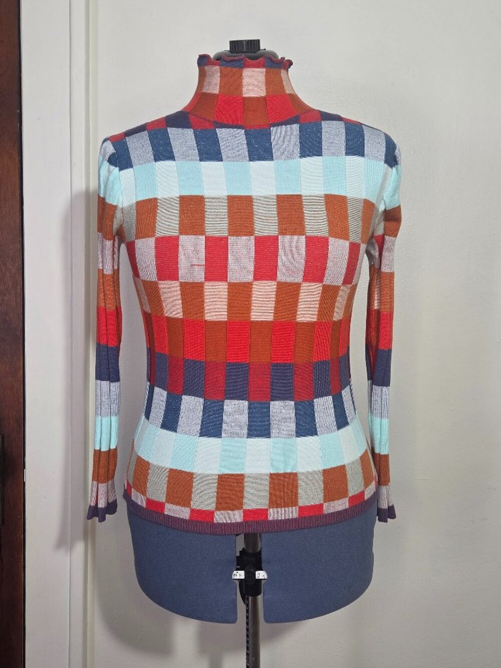 70’s Inspired Checkerboard Orange and Blue Stretchy Mock Neck Sweater